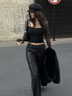 Square Neck Sheer Panel Crop T-Shirt