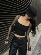 Square Neck Sheer Panel Crop T-Shirt