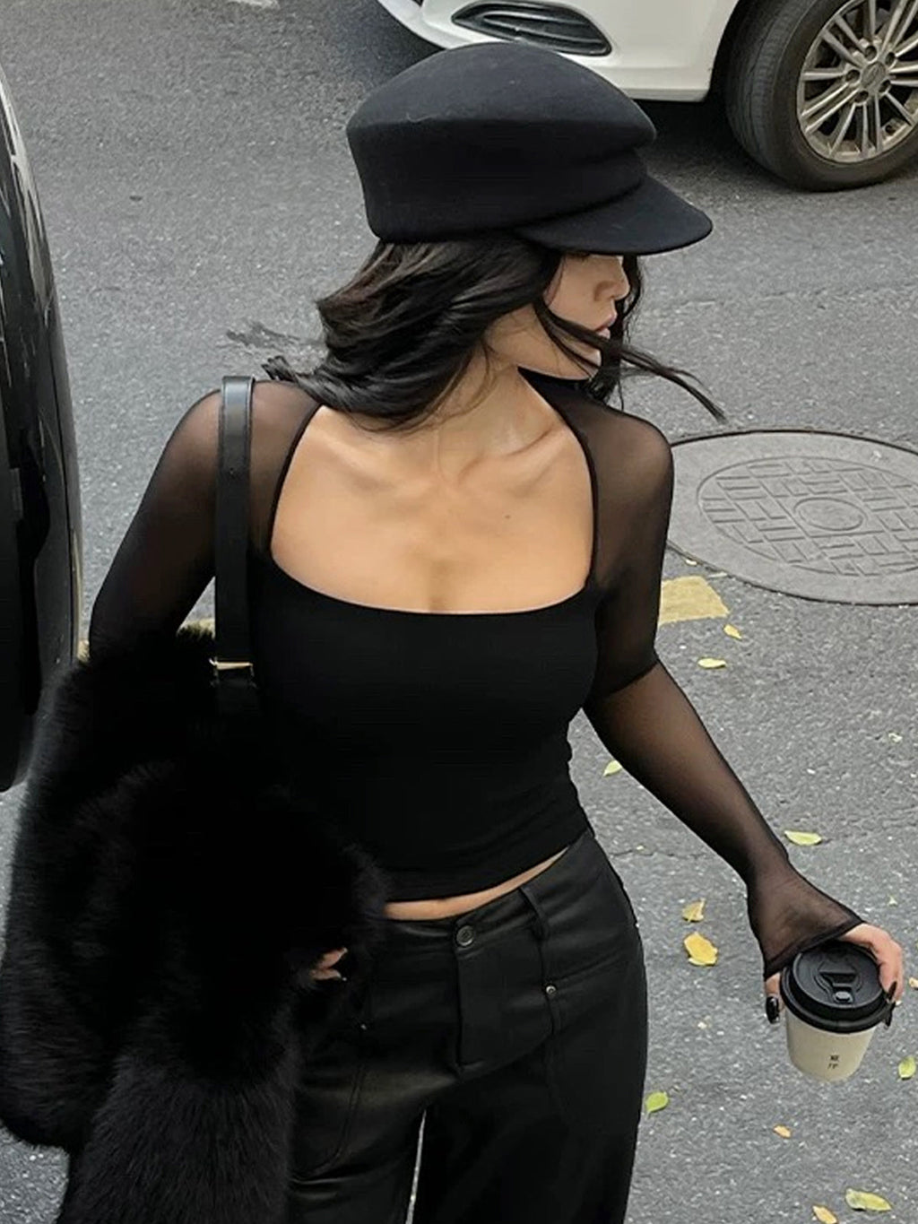 Square Neck Sheer Panel Crop T-Shirt