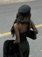 Square Neck Sheer Panel Crop T-Shirt