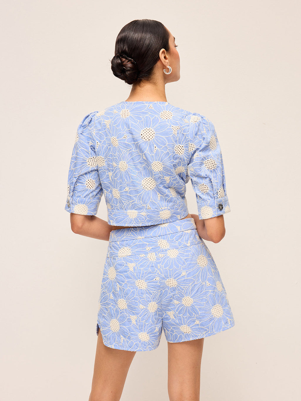 Floral Embroidered Button-Front Cropped Top