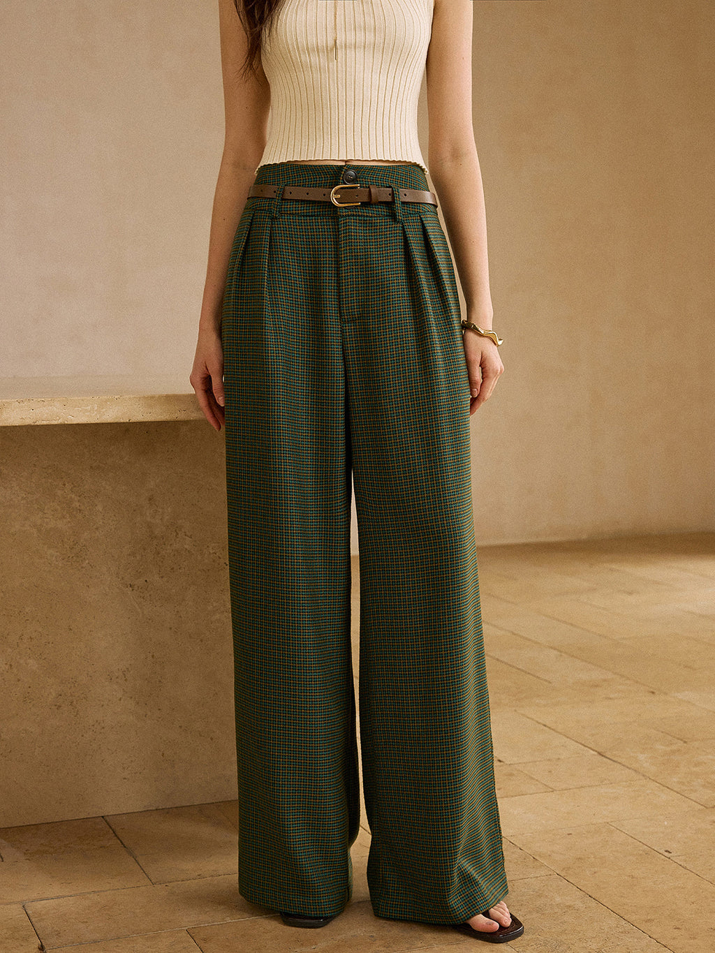 Vintage Plaid High-Waisted Pants with Belt