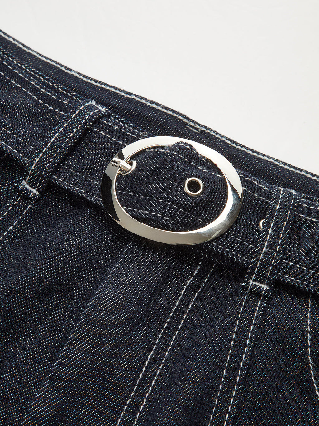 Denim Contrast-Stitch Pants with Belt
