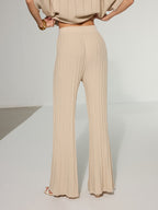 Textured Wool Blend Mid-Waist Flared Pants