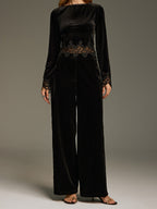 Side Lace Panel Velvet Straight-Leg Pants