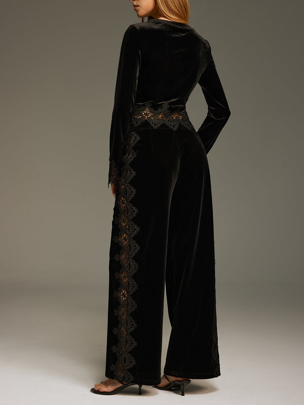 Side Lace Panel Velvet Straight-Leg Pants