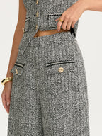 Metal Detail Tweed Wide-Leg Pants