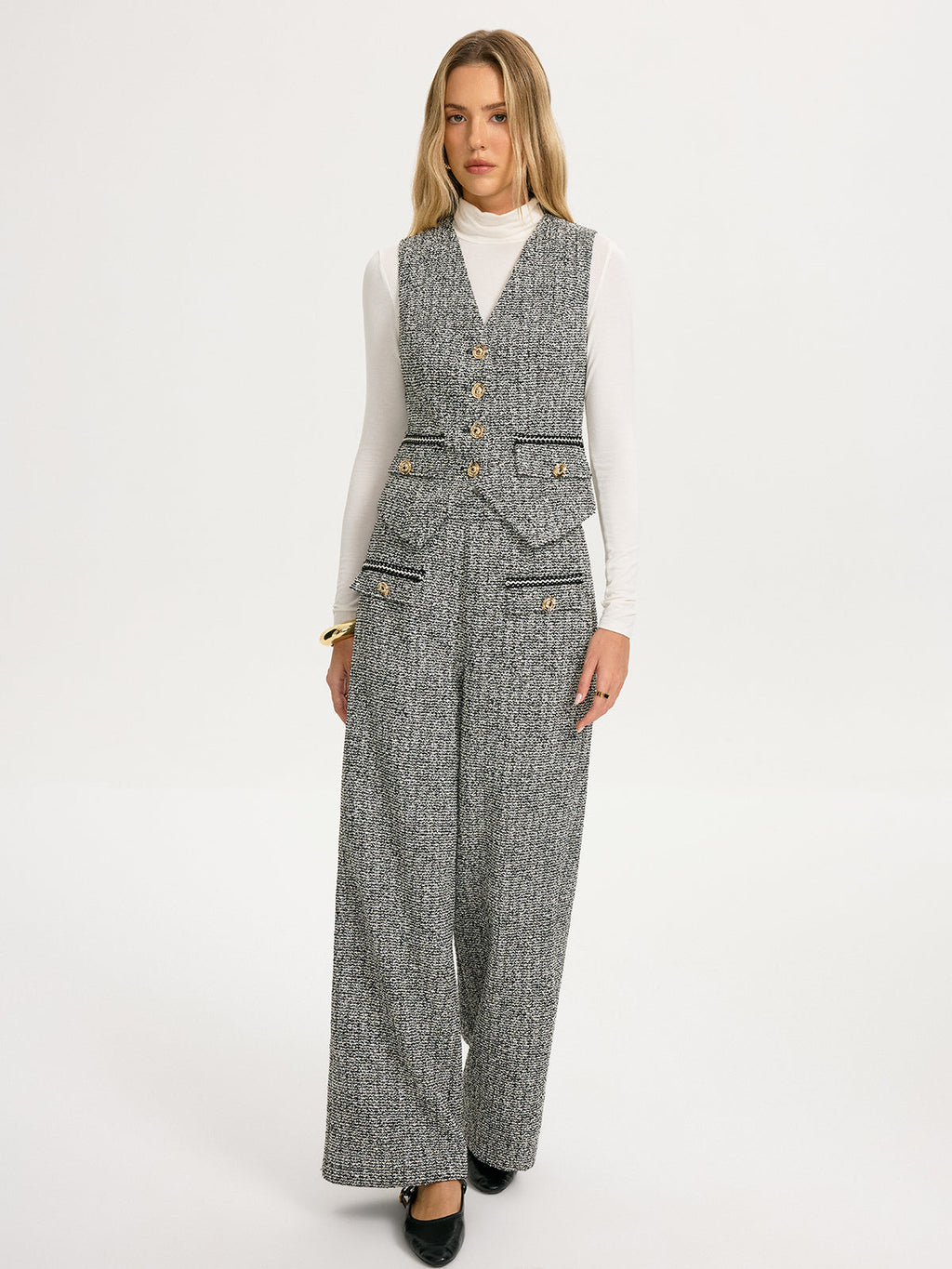 Metal Detail Tweed Wide-Leg Pants