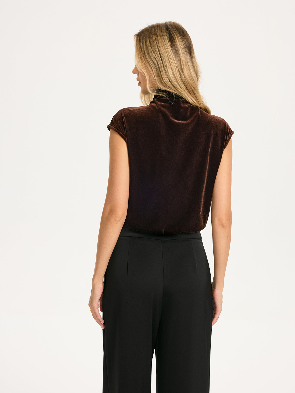 Velvet Mock-Neck Draped Cap-Sleeve Crop Top