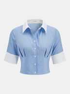 Striped Cropped Half Sleeve Button Shirt